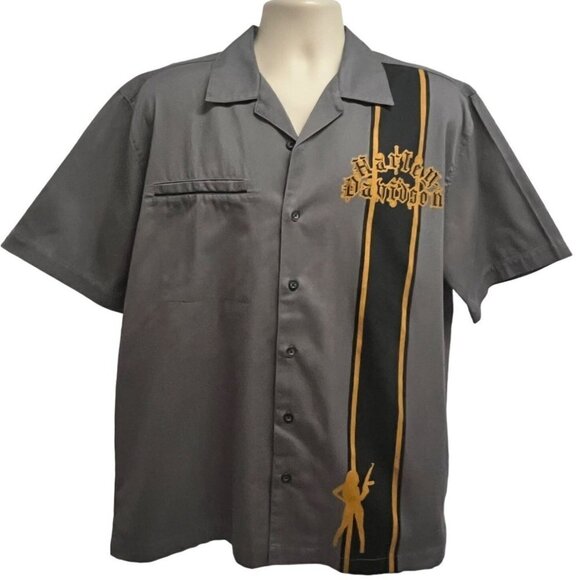 Harley Davidson Gray Mechanic Garage Embroidered Button Front Shirt Large Pocket - Picture 2 of 10